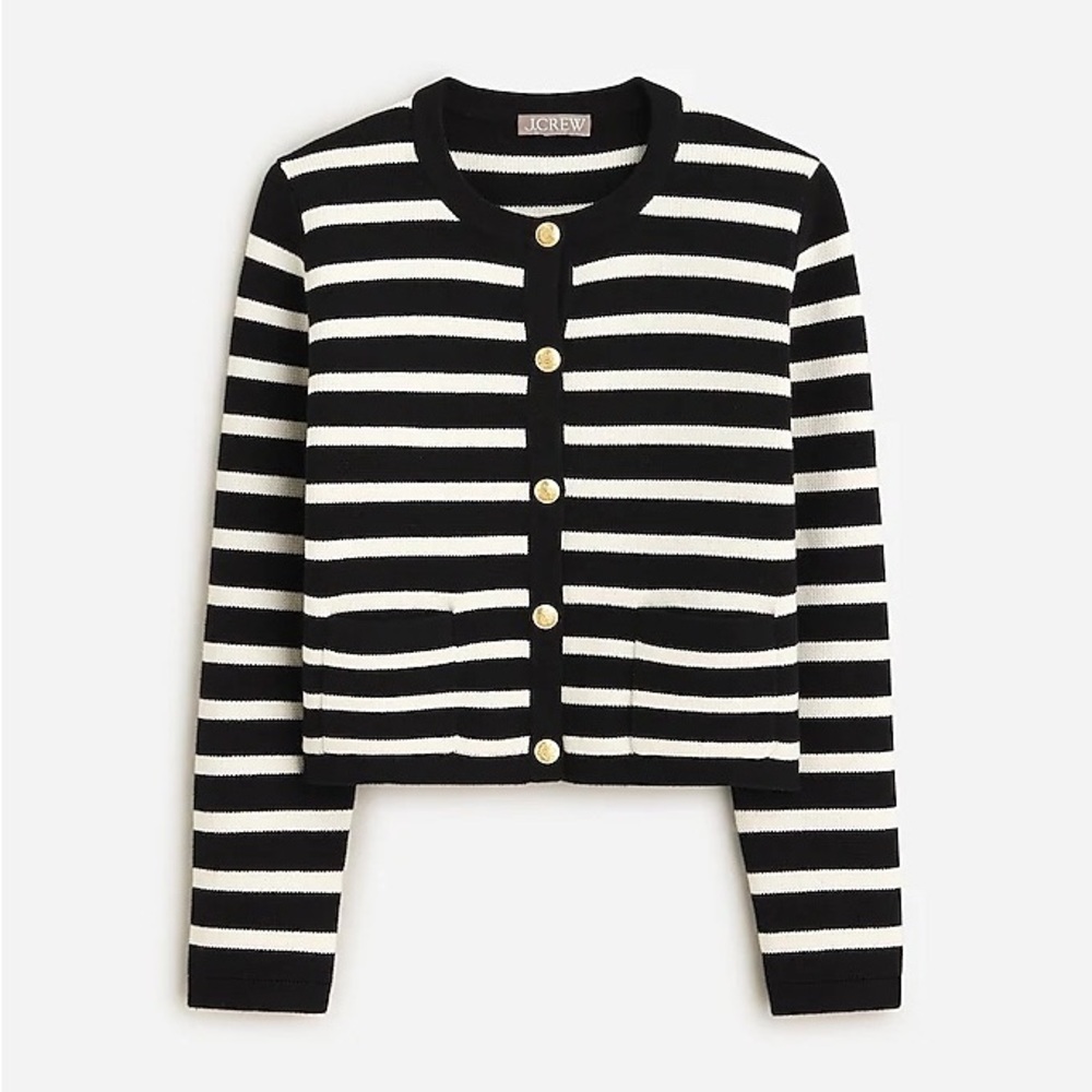 J Crew Emilie Patch-Pocket Sweater Lady Jacket In black & white stripe small s